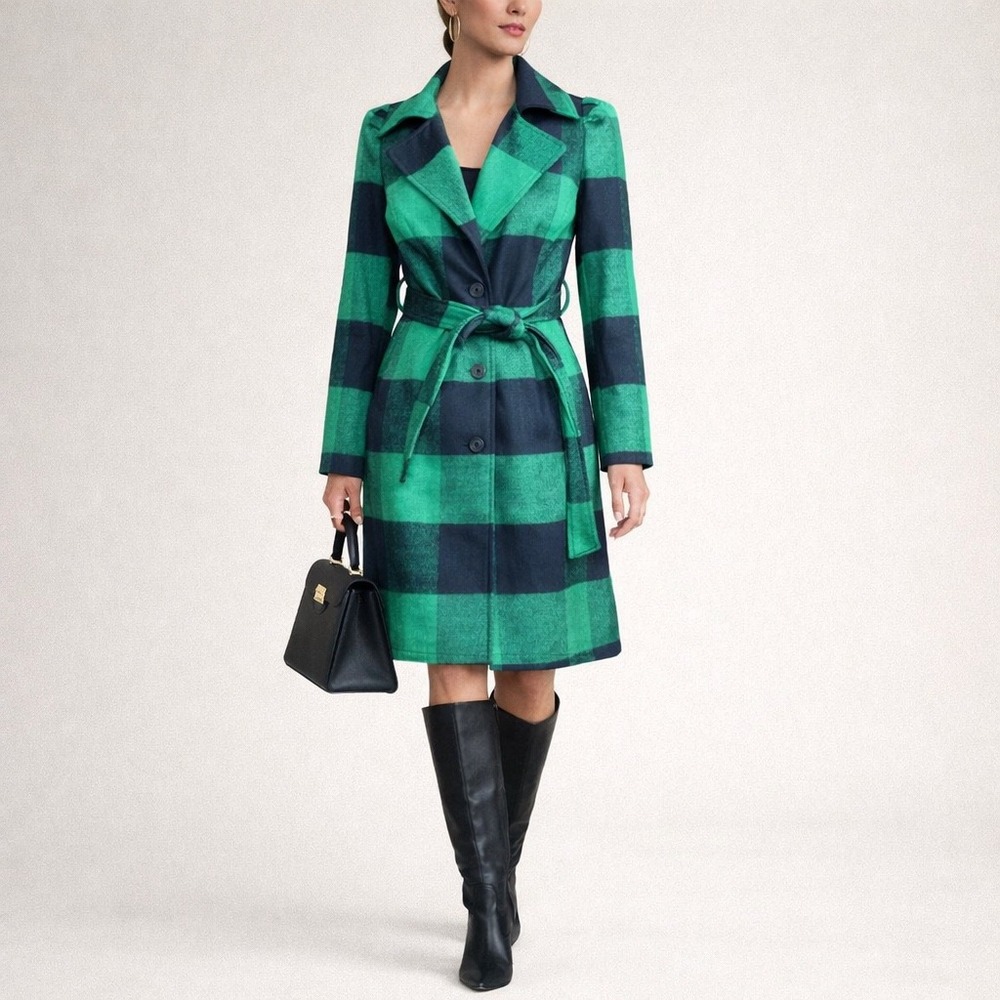 G by Giuliana Green Buffalo Plaid Belted Coat Jacket Women's Size XS Black Label